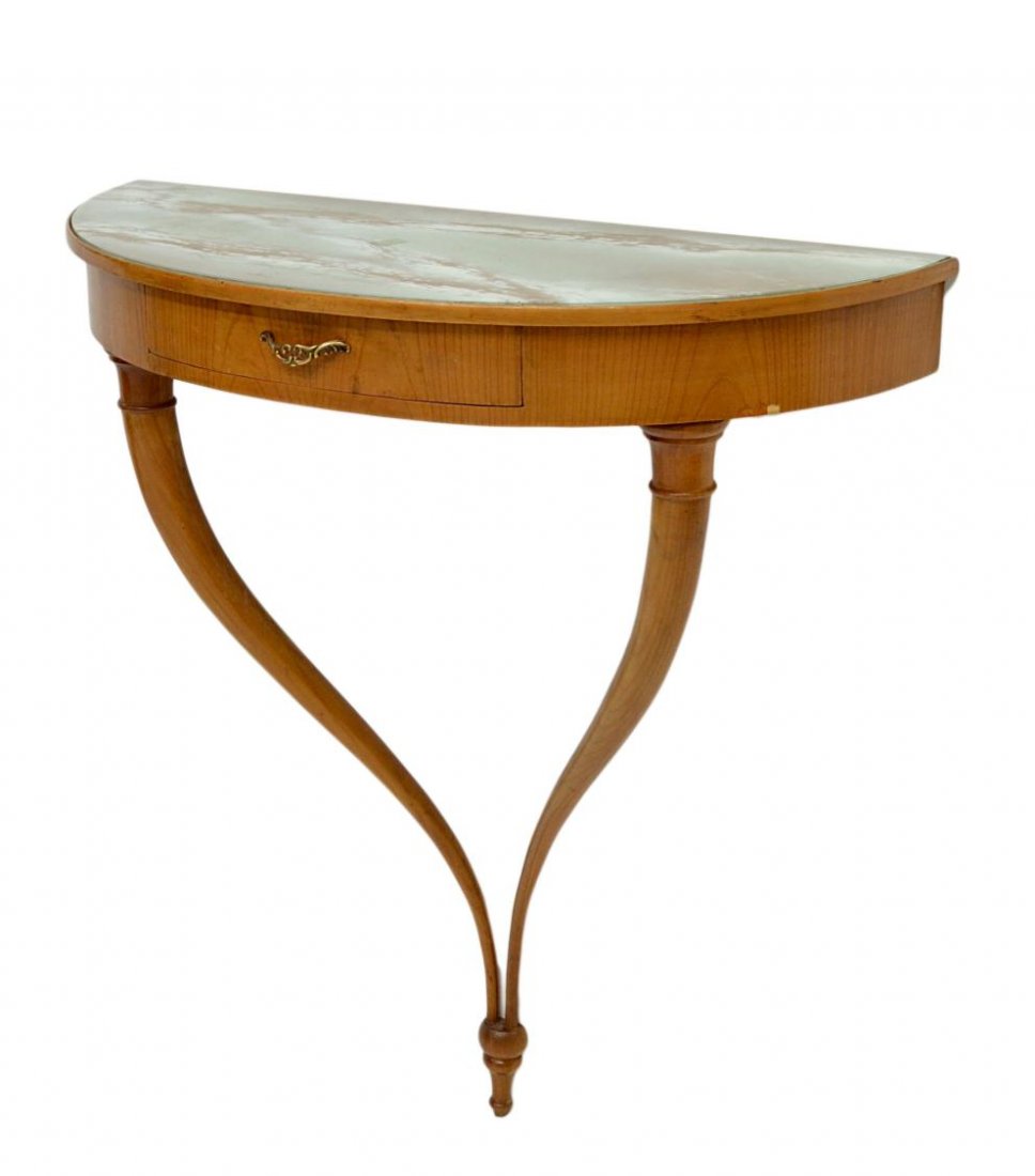 ITALIAN 1950'S WALL MOUNT CONSOLE TABLE: Italian wall mount console table with faux marble glass top, c. 1950, in the style of designer Guglielmo Ulrich (Milan, 1904-1977), 32.25"h, 29.5"w, 12"d Start Price: $200.00