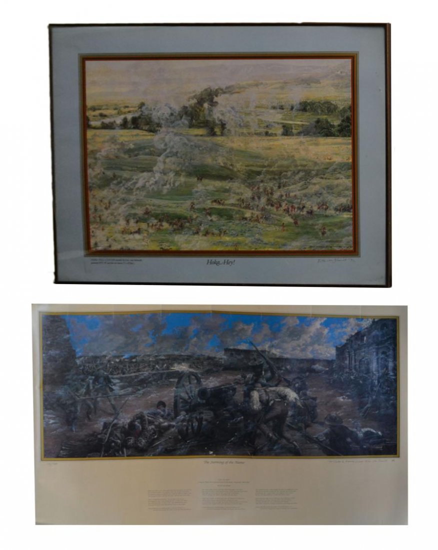 (2) PRINTS, BATTLE SCENES, ERIC VON SCHMIDT: (lot of 2) Prints by Eric von Schmidt (Connecticut, 1931-2007), comprising: (1) framed, "Hoka-Hey", detail from "Here Fell Custer", pen signed and dated lower right Eric von Schmidt '92, sight: 16"h, 