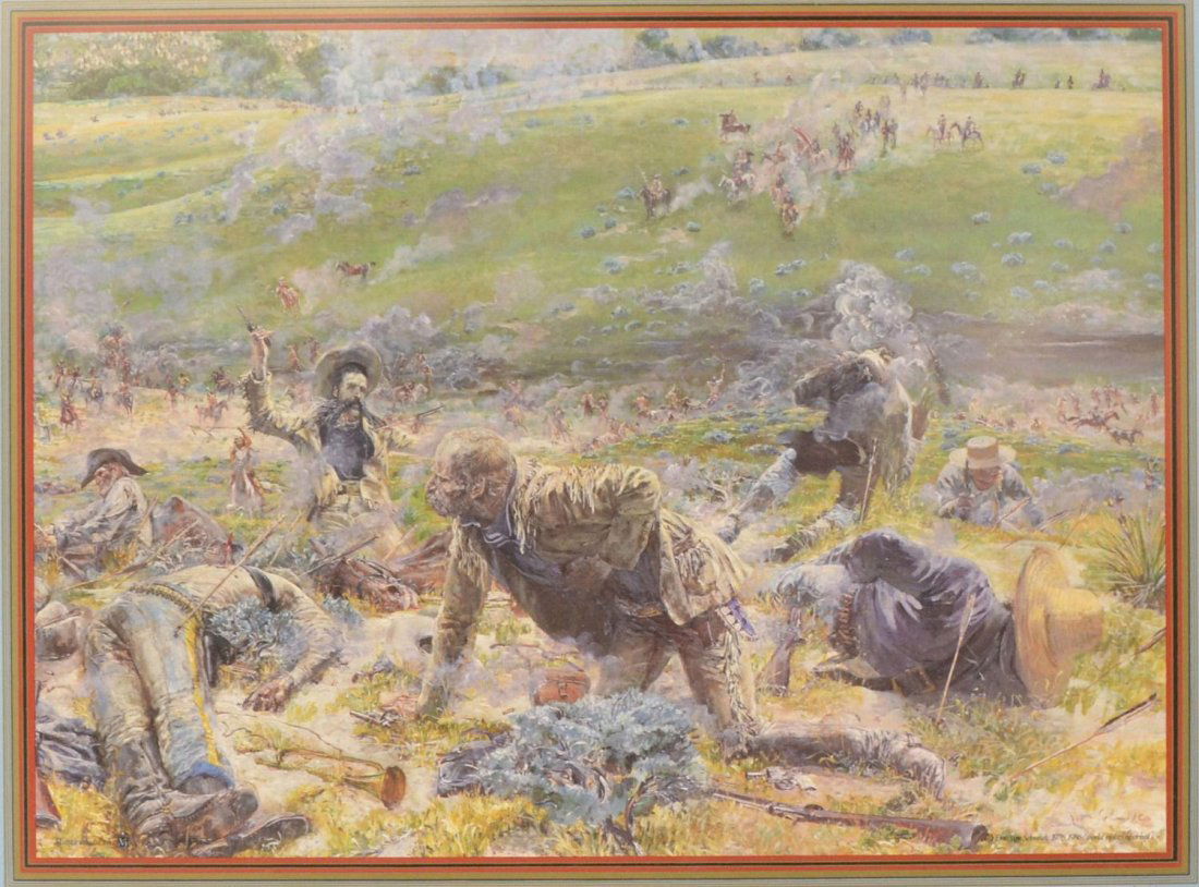 PRINT, FROM GARRYOWEN IN GLORY, ERIC VON SCMIDT: Framed print, "From Garryowen in Glory", detail from "Here Fell Custer", pen signed, dated and sentiment lower right 'For Barbara / What a feast! / Eric '92', Eric von Schmidt (Connecticut, 1931-2007)