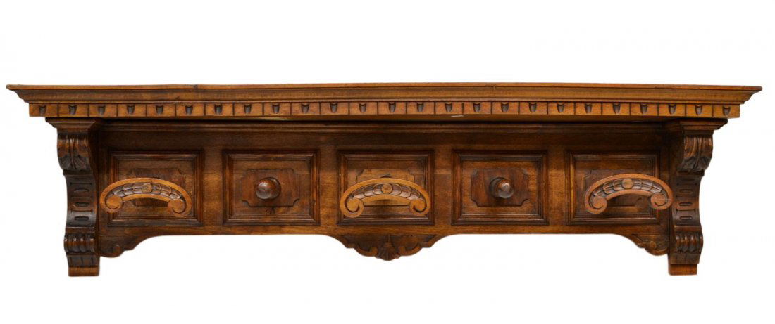 ITALIAN ANTIQUE CARVED COAT RACK: Italian Renaissance Revival coat rack, late 19th c., 13"h, 47.75"w, 8"d Start Price: $50.00