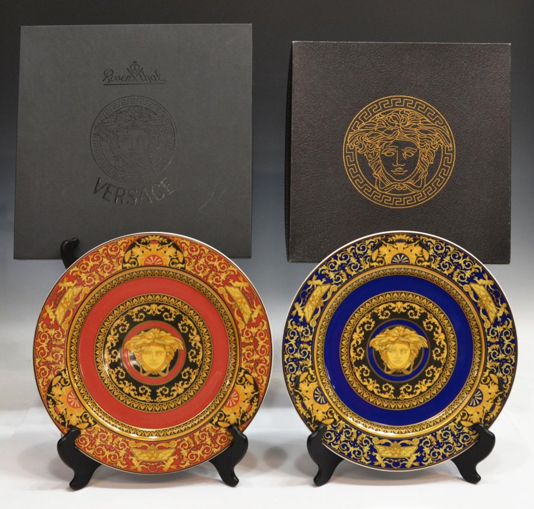 (2) ROSENTHAL PORCELAIN VERSACE 'MEDUSA' PLATES: (lot of 2) Rosenthal for Versace 'Medusa' porcelain plates, (1) red, (1) blue, each retaining original box, 12"diam, 5.75lbs total Start Price: $100.00