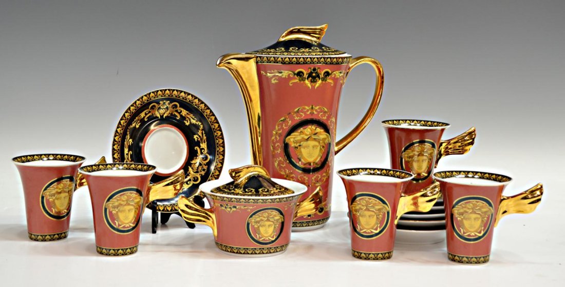 (14) VERSACE ROSENTHAL PORCELAIN MEDUSA TEASET: (lot of 14) Versace Rosenthal porcelain 'Medusa' tea service, a near set, comprising: (1) tall lidded teapot, 10.25"h; (5) cups, 3.5"h with (6) saucers, 5.75"diam; (1) lidded sugar, 4"h; lacking cream