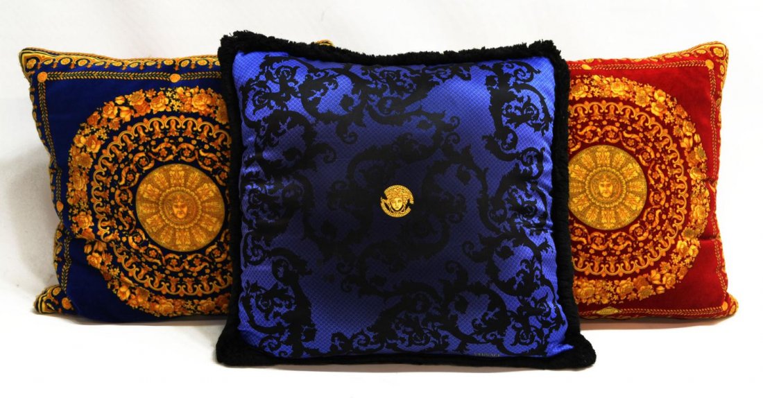 (3) VERSACE ATELIER VELVET & VERSACE BLUE PILLOWS: (lot of 3) Versace pillows, comprising: (1) Atelier Versace velvet pillows in the Fronte pattern, having a red side and blue side, approx. 15"h, 15.5"w; (1) deep blue pillow having a dotted ground wit
