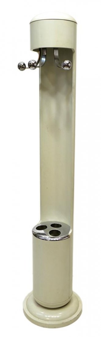 ITALIAN MID-CENTURY MODERN HALL TREE: Mid-Century modern Italian design coat rack, c. 1970, the hollowed cylindrical stand with three metal hooks terminating in spheres above a metal plate having three holes for umbrellas, 69"h Start Pric