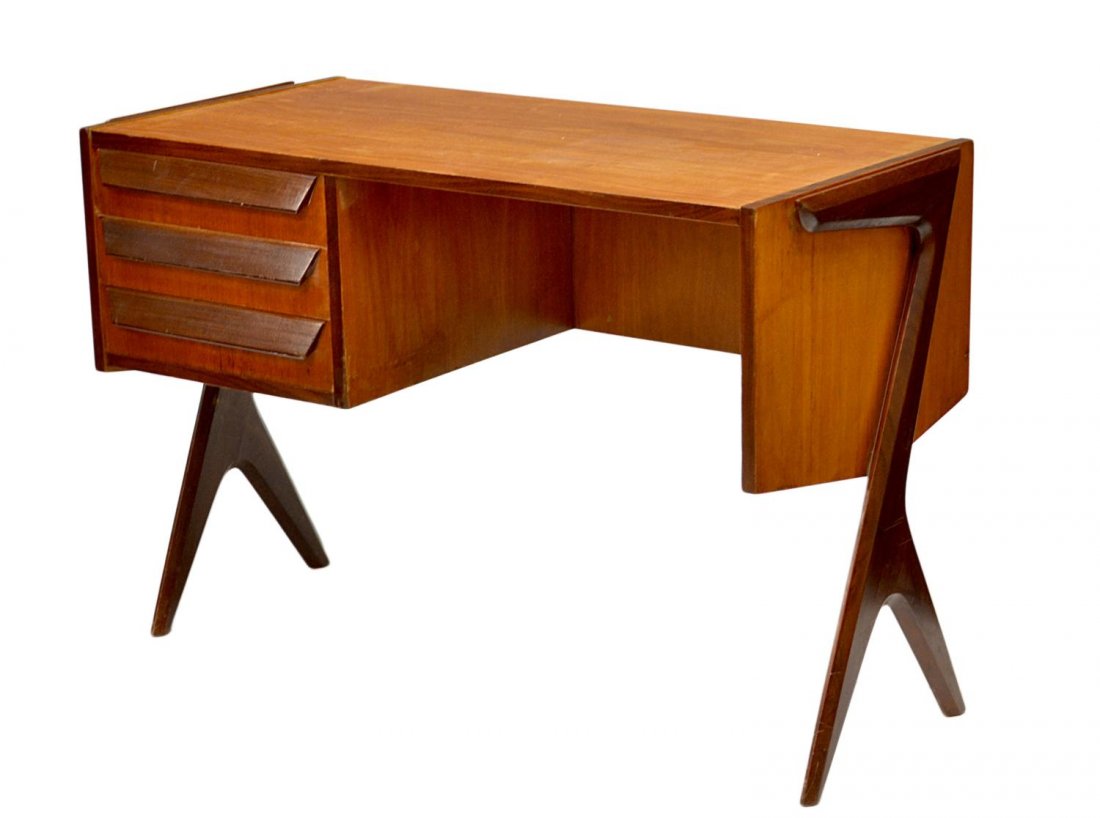 ITALIAN MID-CENTURY MODERN DESK, VITTORIO DASSI: Italian mid-century modern mixed wood desk, designer Vittorio Dassi, (Milan, 1893-1973), rectangular with three drawers at one side, 28"h, 41.25"w, 19.5"d Start Price: $200.00