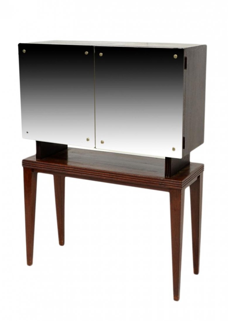MID-CENTURY BAR CABINET, STYLE OF PIETRO CHIESA: Mid-century modern bar cabinet in the style of Italian designer Pietro Chiesa (1892-1948), an upper cabinet with two mirror front doors open to a lighted mirrored interior with glass shelf, the cabine