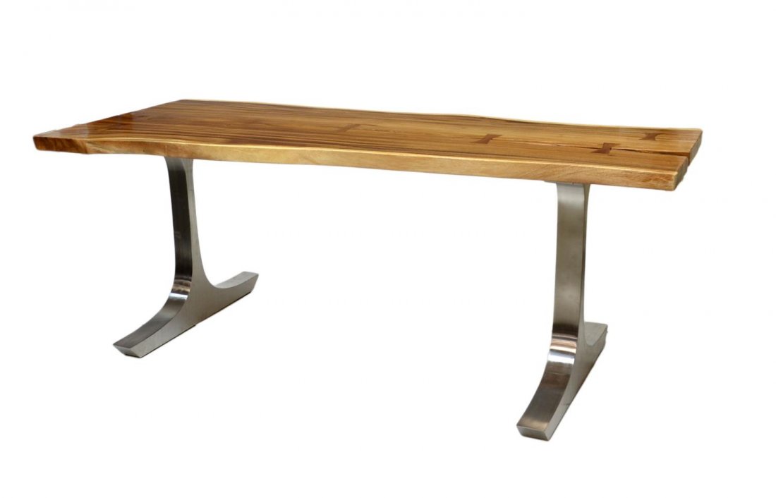 MODERN STYLE SLAB TOP TABLE ON CHROME LEGS: Contemporary modern style meh wood slab top table of a single board, in the style of George Nakashima (American, 1905-1990), the 1.75" thick slab of natural form with butterfly joinery, rising on chro