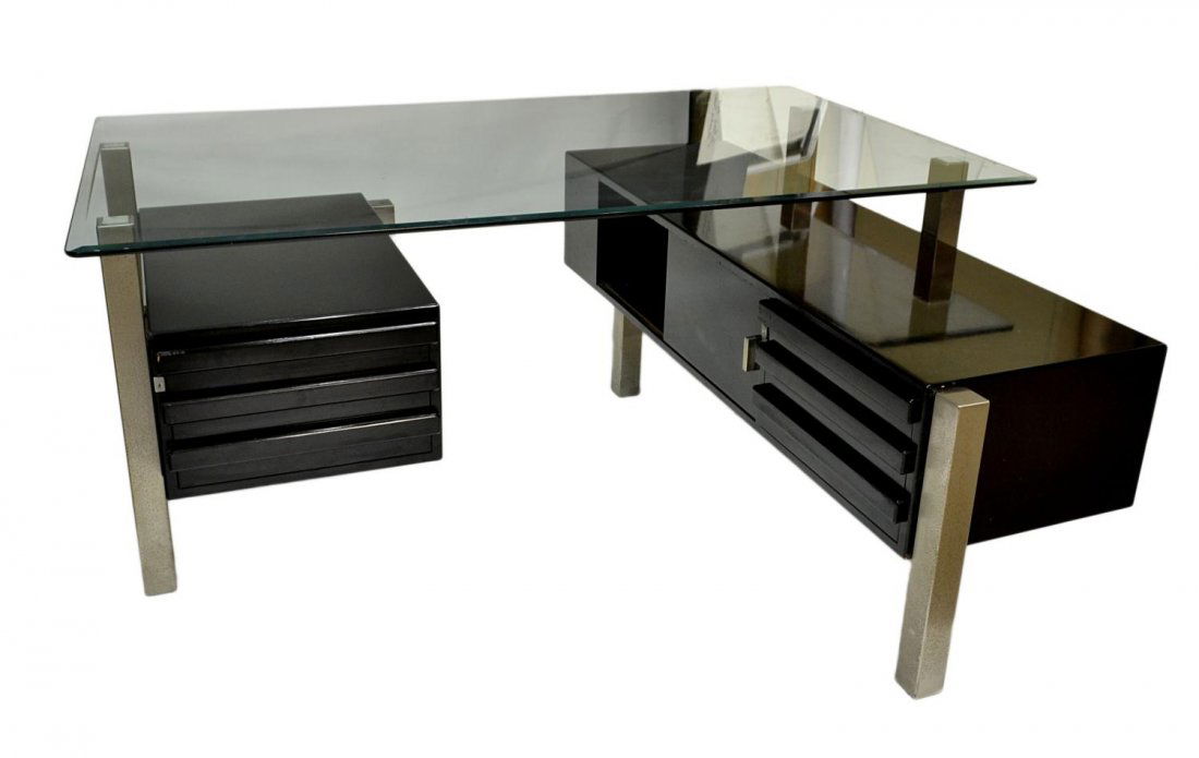 ITALIAN MID-CENTURY MODERN FORMA NOVA DESK: Italian mid-century modern desk, Forma Nova, c. 1970, a glass top resting on chrome supports emanating from two dark rosewood finish detached cabinets, one at lower left with three drawers, the other