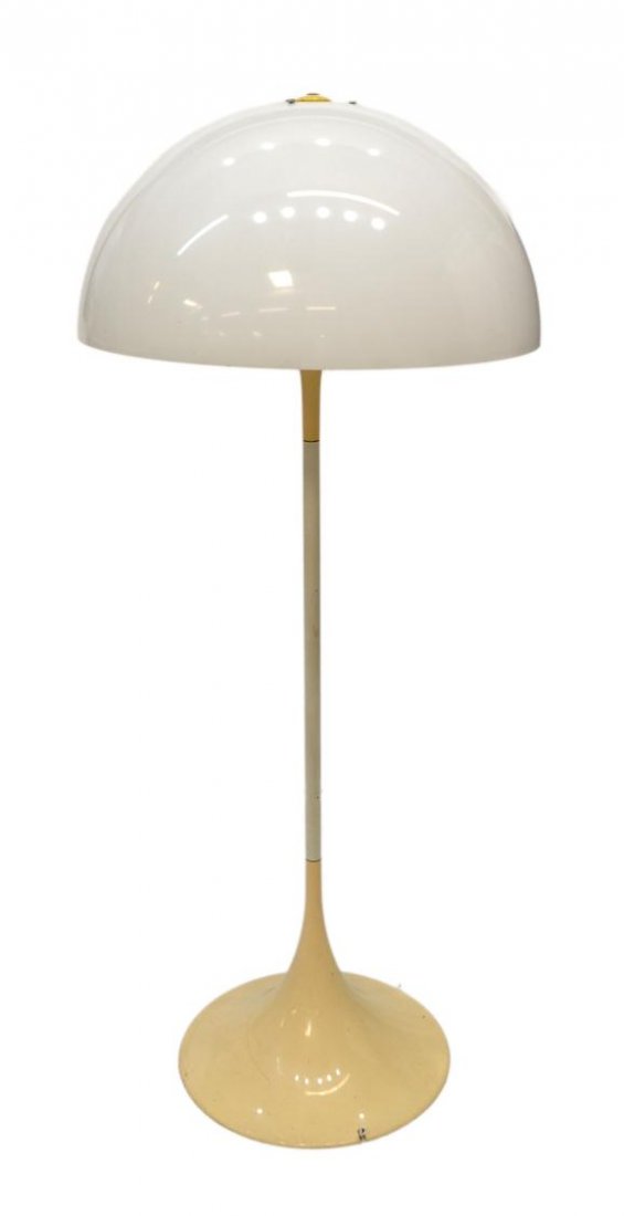 MID-CENTURY MODERN SAARINEN STYLE STANDING LAMP: Mid-Century modern Saarinen style floor lamp, (Eero Saarinen, Finnish, 1910-1961), manufactured by Louis Paulson & Co., Denmark, c. 1970, the white half dome plastic shade rising on a flared metal and