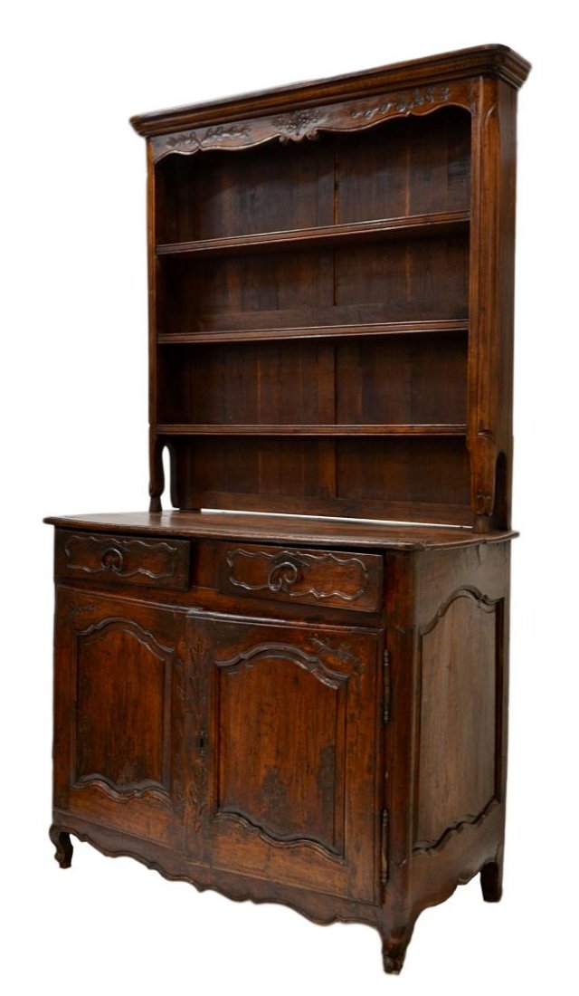 COUNTRY FRENCH 18TH C. VAISSELIER: Louis XV country French vaisselier, 18th c., the upper display area with stepped cornice over three shelves set on the rectangular base having two drawers with original iron pulls over two doors, set 