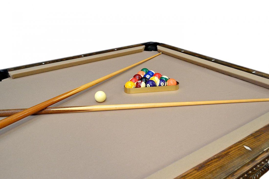 PETER VITALIE 'LORD NELSON' SIGNATURE POOL TABLE: Peter Vitalie Billiards pool table from the signature collection, 'Lord Nelson', a tan felt surface over the slate top, oak frame having mother-of-pearl inlaid markers and leather pockets, lion head m
