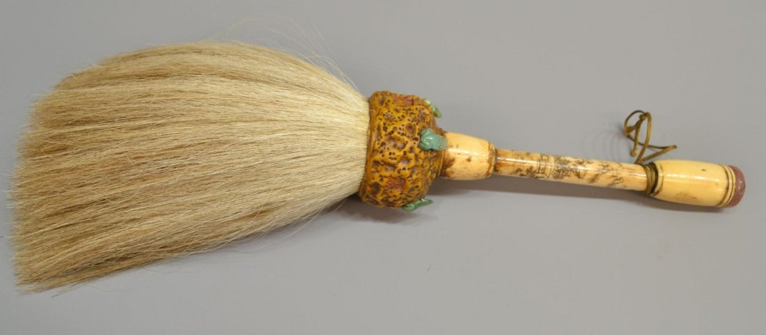 CHINESE CALLIGRAPHY SCRIPT CARVED BRUSH: Chinese large calligraphy brush, 20th c., with green glass/jade miniature frogs on the textured ferrule, the long bone shaft with an extensive inscription incised in semi-cursive Chinese script, rever