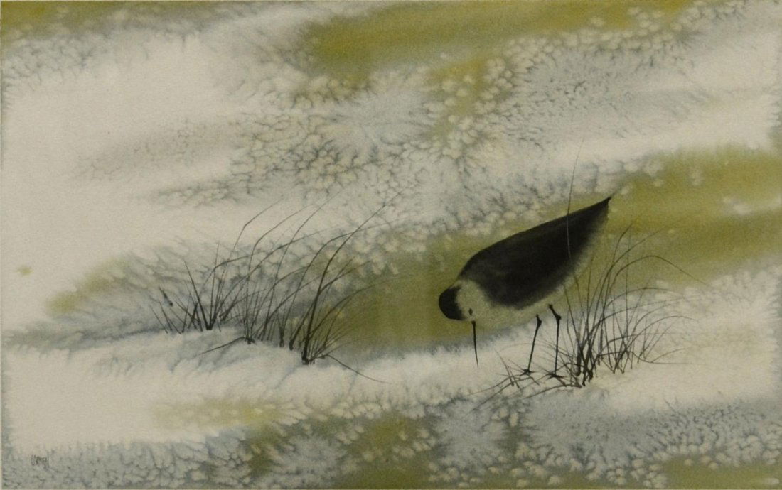 WATERCOLOR PAINTING, FRAN LARSEN (B. 1937): Framed watercolor on paper, Bird In Snow", signed lower left Larsen (Fran Larsen, Illinois, b. 1937), sight: 10"h, 16"w, overall: 12.25"h, 18.25"w, 3.75lbs Start Price: $80.00