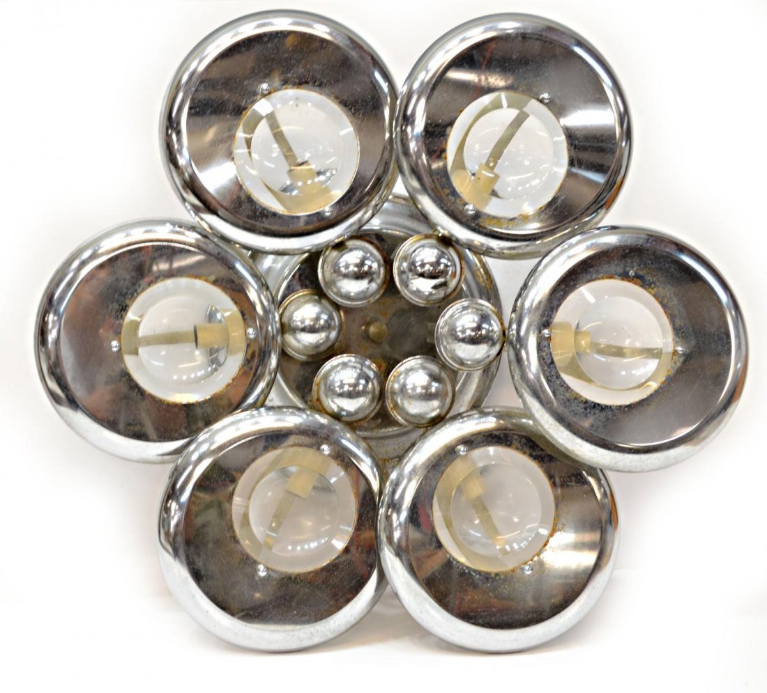 ITALIAN MID-CENTURY MODERN SIX-LIGHT CHANDELIER: Italian Mid-Century modern six-light chandelier, c. 1970, six metal discs at stepped levels set with crater form glass, some rust to finish, 7.5"h, 23"diam, 8.75lbs Start Price: $200.00