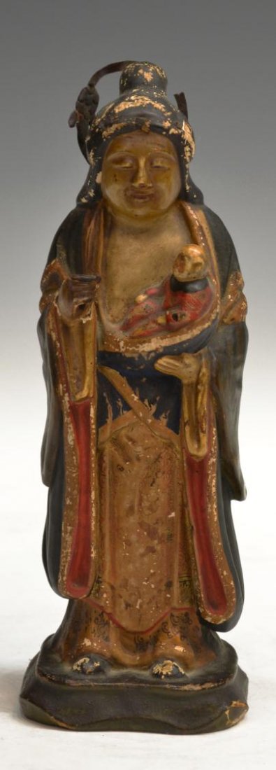 ASIAN POLYCHROMED CARVED WOOD FIGURE, WOMAN CHILD: Asian polychromed wood figure of woman and child, possibly Edo period, possibly the Buddhist deity Hariti, standing in brocade robes with an infant in her arms, with age some loss, restoration, 8.5"h,