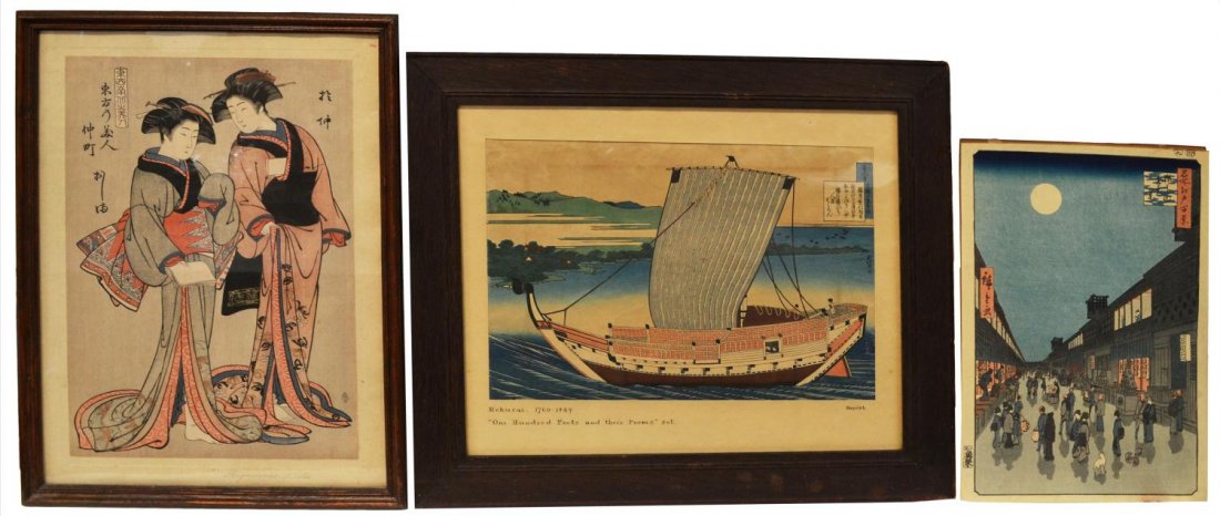 (3) JAPANESE WOODBLOCK PRINT REPRODUCTIONS: (lot of 3) Japanese woodblock print reproductions: (1) unframed, after Hiroshige, a street view from the series ‘100 Famous Views of Edo’, toned, overall: 14”h, 9.75”w; (1) based on the series