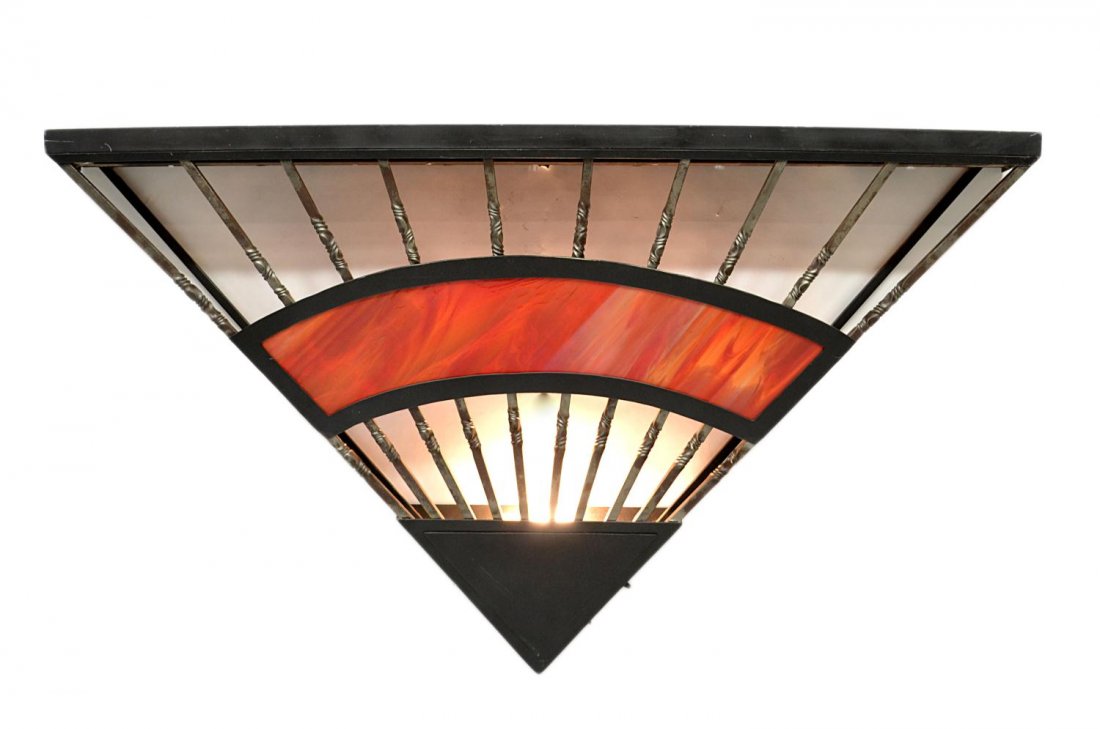 DECO WROUGHT IRON & SLAG GLASS WALL LIGHT FIXTURE: Art Deco style iron fan form shelf / light fixture,with red slag glass, 28"h, 50"w, 9.25"d Start Price: $100.00