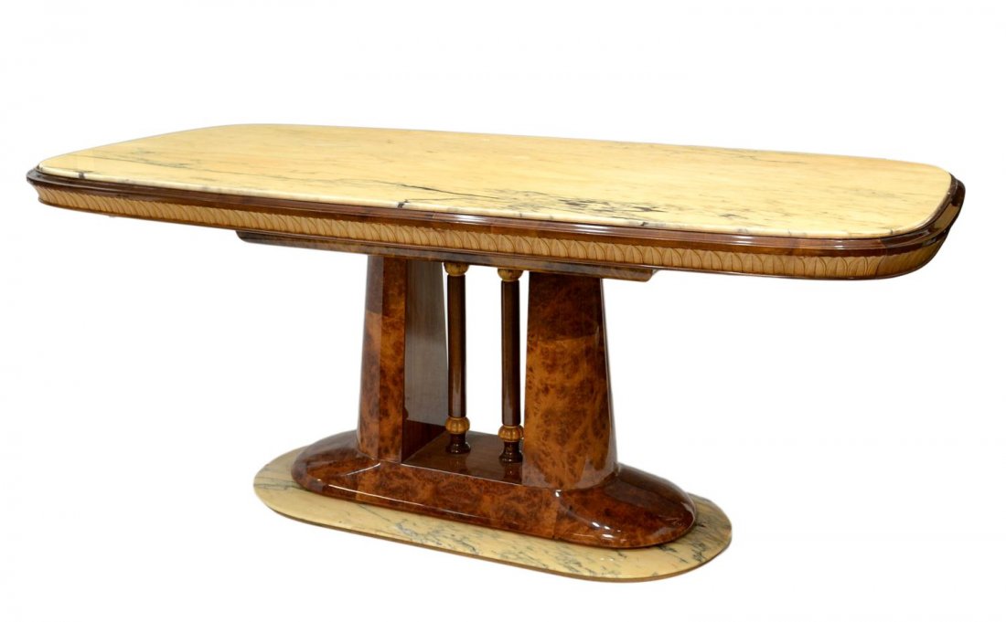 ITALIAN MARBLE TOP & BASE DINING TABLE, C. 1950: Italian mid-century modern dining table, c. 1950, a marble top over burl finish base rising on large half round columns flanking contrasting finish circular columns, resting on oval marble base, 31.5"