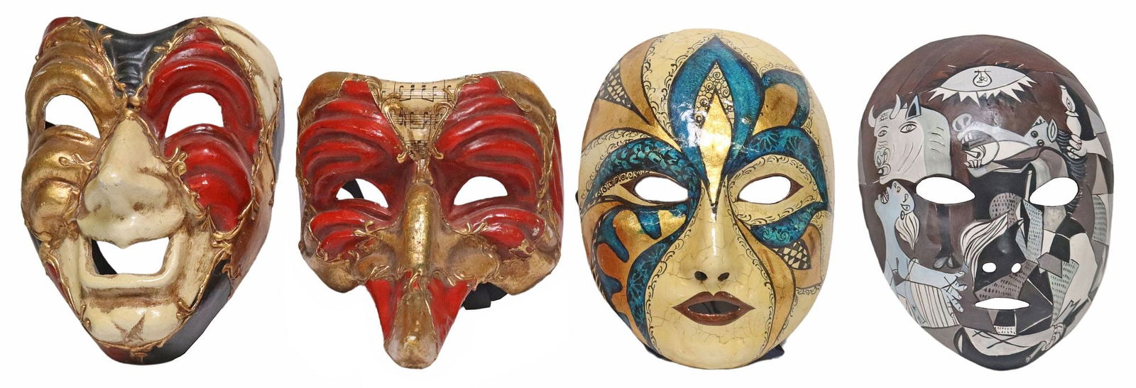 (4) VENETIAN PAPIER-MACHE POLYCHROME PAINTED CARNIVAL MASKS: (lot of 4) Venetian papier-mache carnival masks, including: (1) Kartaruga mask, with long beak nose, (1) commedia dell'arte mask, (2) polychrome painted masks, (one) depicting images from "Gu