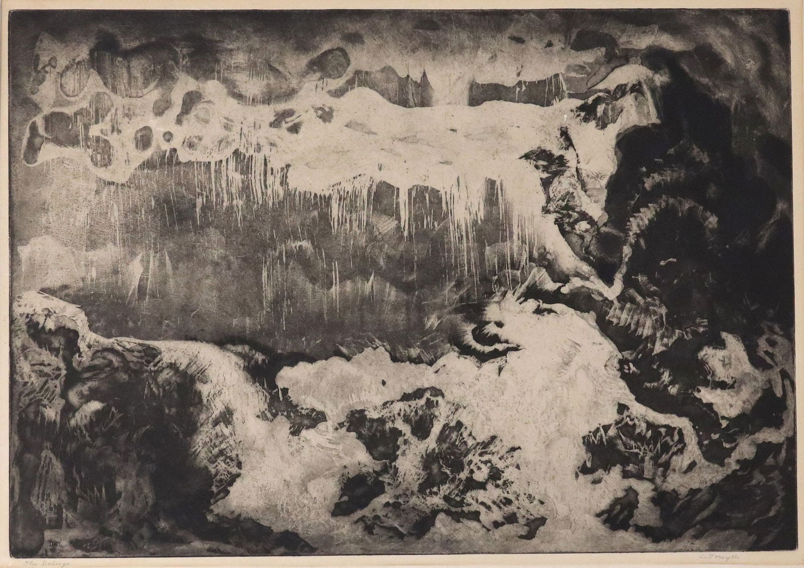 CONSTANCE FORSYTH (TX, 1903-1987) INTAGLIO PRINT 'THE DELUGE': Unframed intaglio print on paper, "The Deluge," signed lower right C. Forsyth (Constance Forsyth, Texas, Indiana, 1903-1987), plate: approx 14.75"h, 21.25"w, sheet: 17.25"h, 2