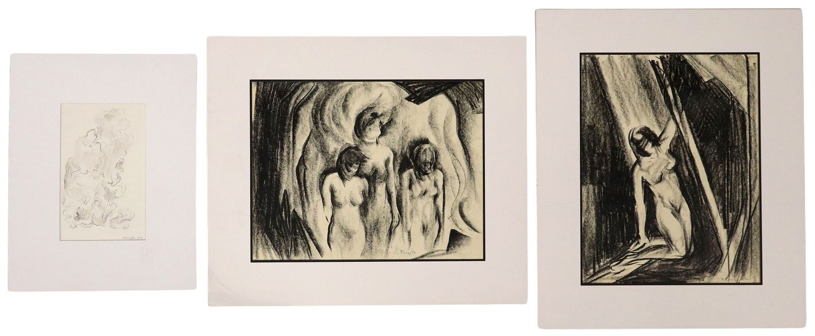 (3) CONSTANCE FORSYTH (TX, 1903-1987) LITHO CRAYON & GRAPHITE DRAWINGS: (lot of 3) Unframed lithographic crayon and graphite drawings on paper, each pencil signed C. Forsyth (Constance Forsyth, Texas, Indiana, 1903-1987), including: (1) "Spirit Figures," da