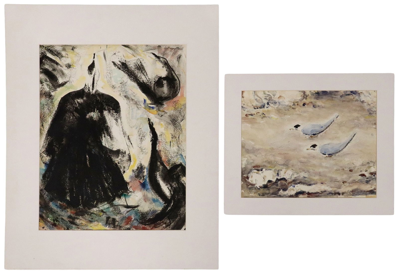 (2) CONSTANCE FORSYTH (TX, 1903-1987) WATERCOLORS BIRDS: (lot of 2) Unframed watercolor paintings paper, signed C. Forsyth (Constance Forsyth, Texas, Indiana, 1903-1987), including: (1) Gulls, signed lower left, dated 1948, inscribed "Texas S