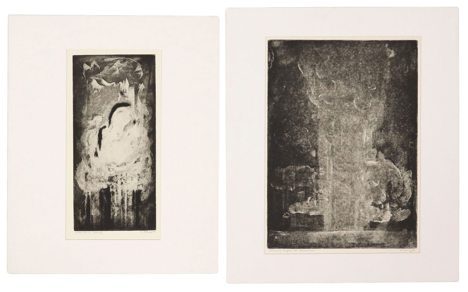 (2) CONSTANCE FORSYTH (TX, 1903-1987) INTAGLIO PRINTS: (lot of 2) Unframed intaglio prints on paper, each pencil signed C. Forsyth (Constance Forsyth, Texas, Indiana, 1903-1987), including: (1) "Evening Before the Hurricane," plate: approx 15&qu
