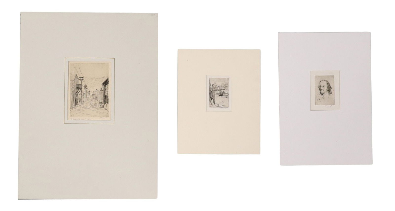 (3) CONSTANCE FORSYTH (TX, 1903-1987) DRYPOINT ETCHINGS: (lot of 3) Unframed drypoint etchings on paper, signed lower right C. Forsyth (Constance Forsyth, Texas, Indiana, 1903-1987), including: (1) Boat on a Canal, plate: approx 3"h, 2"w, she