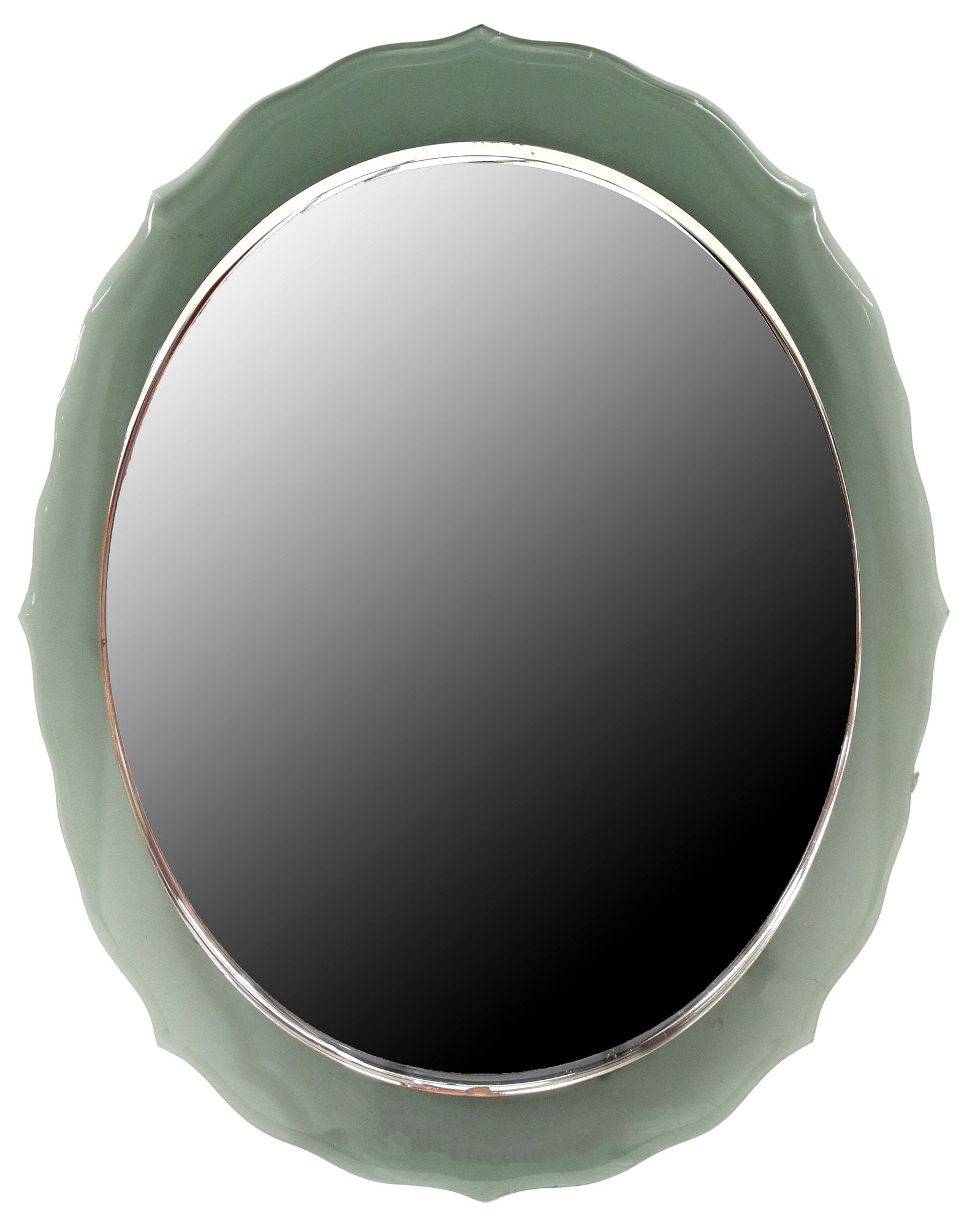 ITALIAN VECA (ATTRIB.) MID-CENTURY MODERN SMOKED GLASS MIRROR: Italian mid-century modern mirror, attributed to Veca, c. 1960s, smoked glass with scalloped edge, mounted with flat oval mirror plate, approx 29.25"h, 23.25"w, 19.5lbs