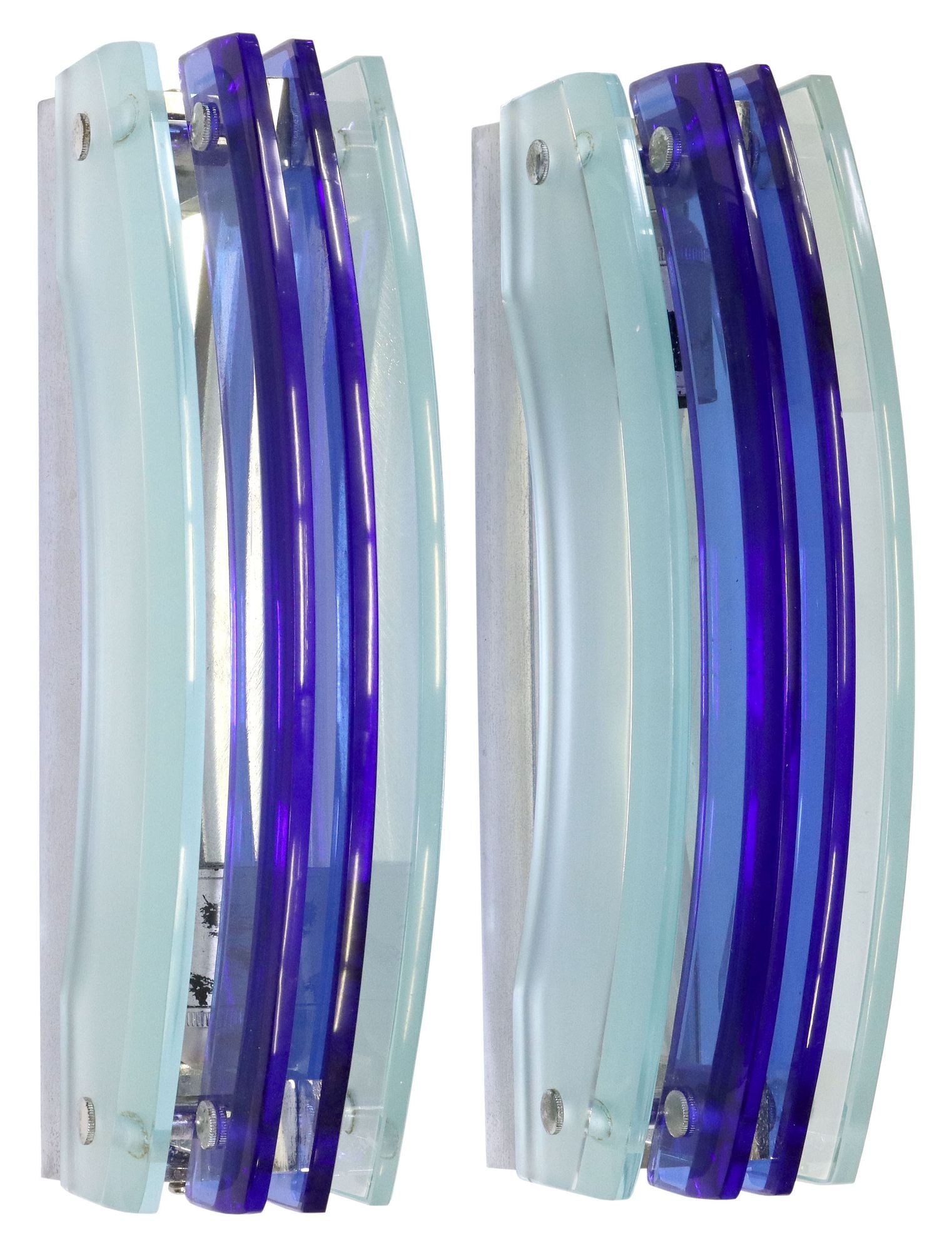 (2) ITALIAN VECA (ATTRIB.) CUT GLASS WALL SCONCES: (pair) Italian modern colored glass sconces, attributed to Veca, c. 1970, comprised of four lightly arched panels of cut glass, the outer panels a frosted colorless glass, the interior panels a t