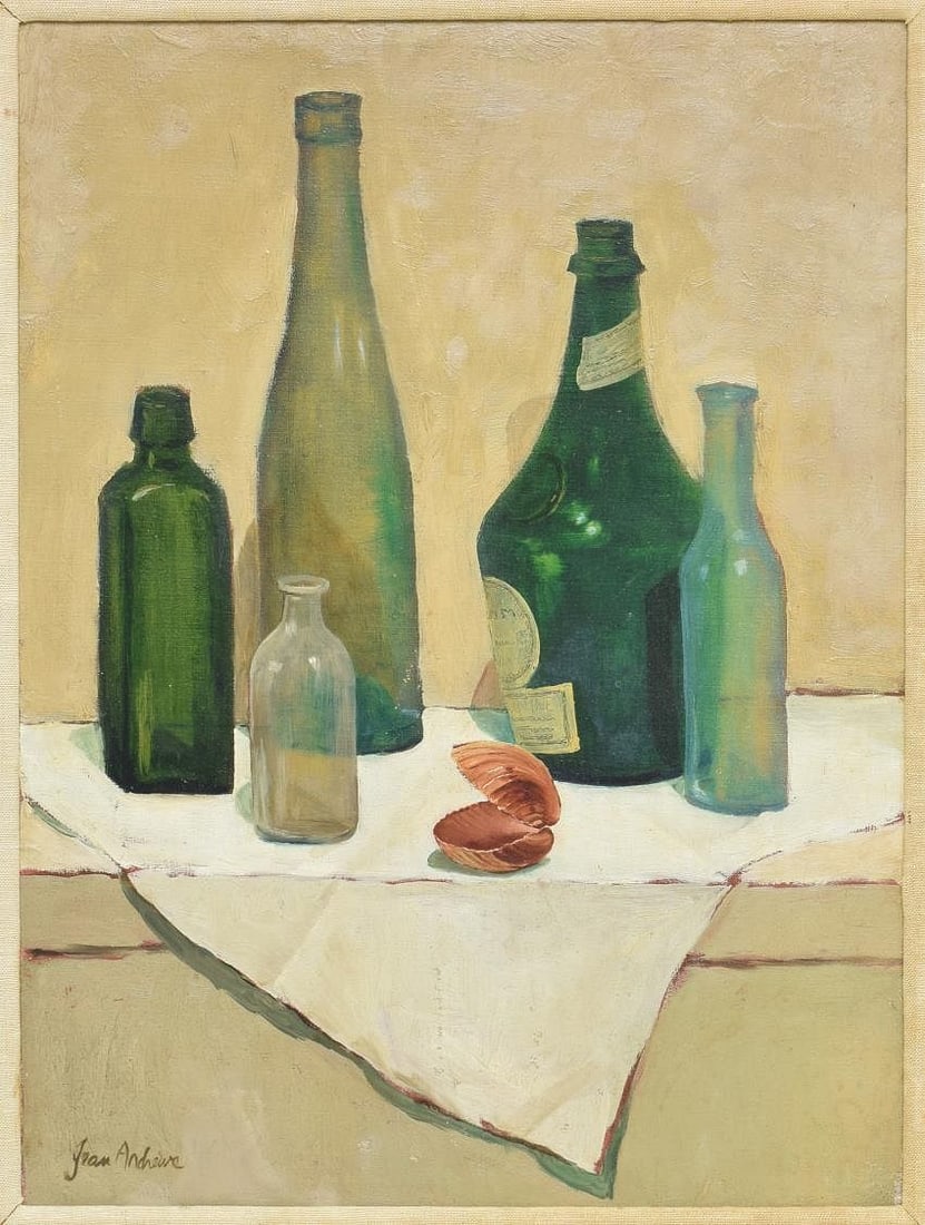 JEAN ANDREWS (TX, 1924-2010) PAINTING STILL LIFE WITH GLASS BOTTLES & SHELL (1 of 4)