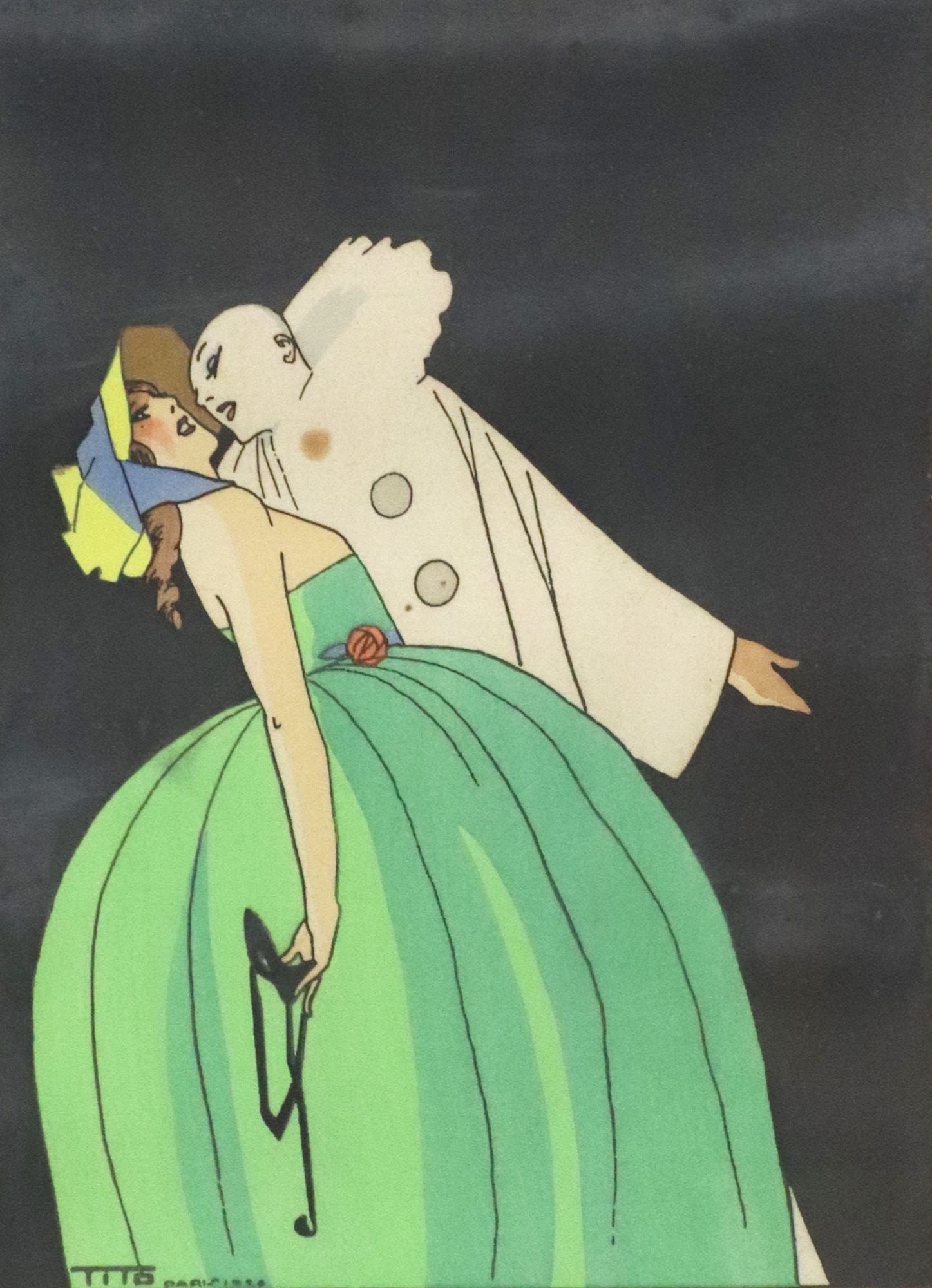 ETTORE TITO (1859-1941) SIGNED ART DECO POCHOIR PRINT PIERROT (1 of 4)