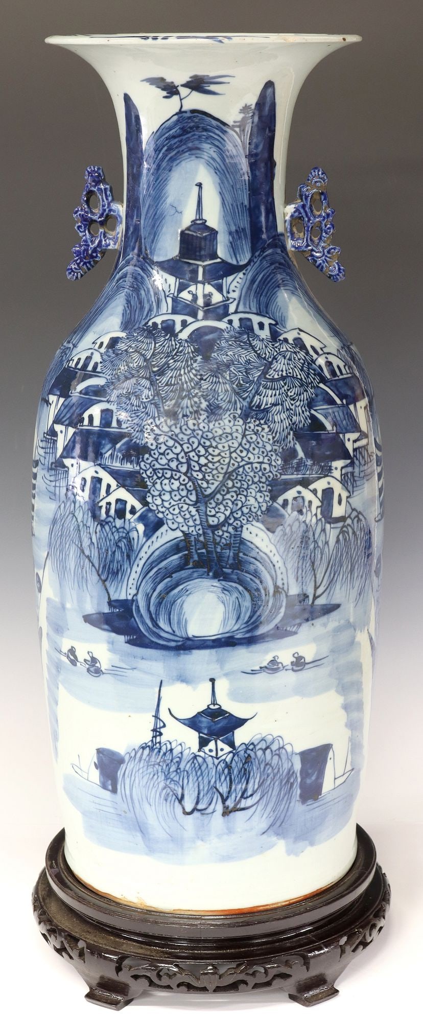 LARGE CHINESE BLUE & WHITE PORCELAIN VILLAGE SCENE VASE (1 of 3)