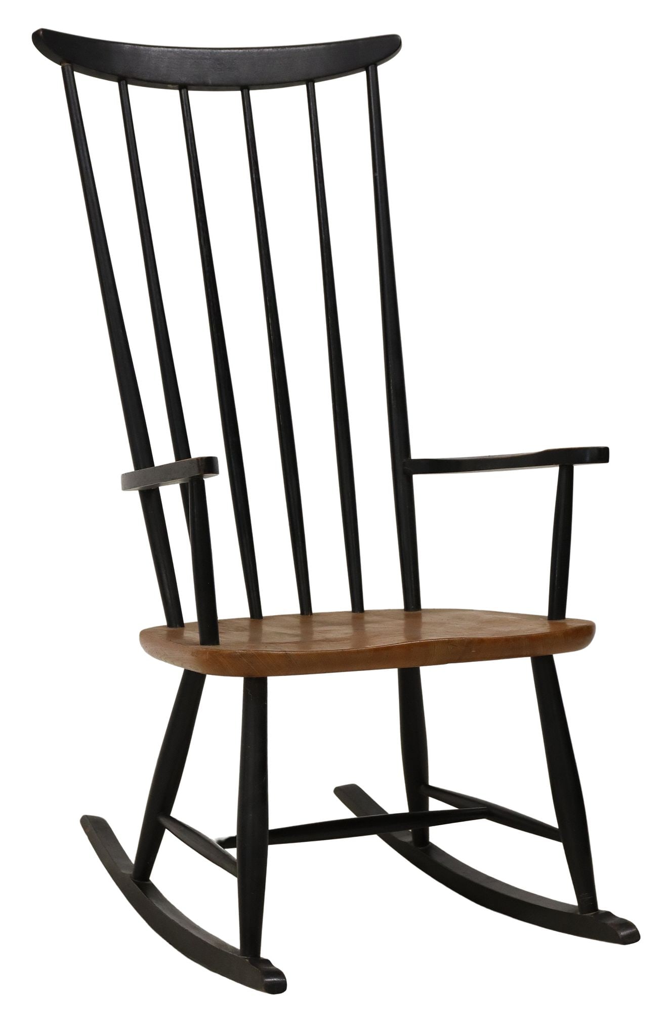 ILMARI TAPIOVAARA (D.1999) FOR ASKO SPINDLED HIGHBACK ROCKING CHAIR: Finnish teak and black painted rocking chair, designed by Ilmari Tapiovaara (Finnish, 1914-1999) for Asko, c.1960s, having spindled highback, shaped arms, on rocking rails, small restoration to r