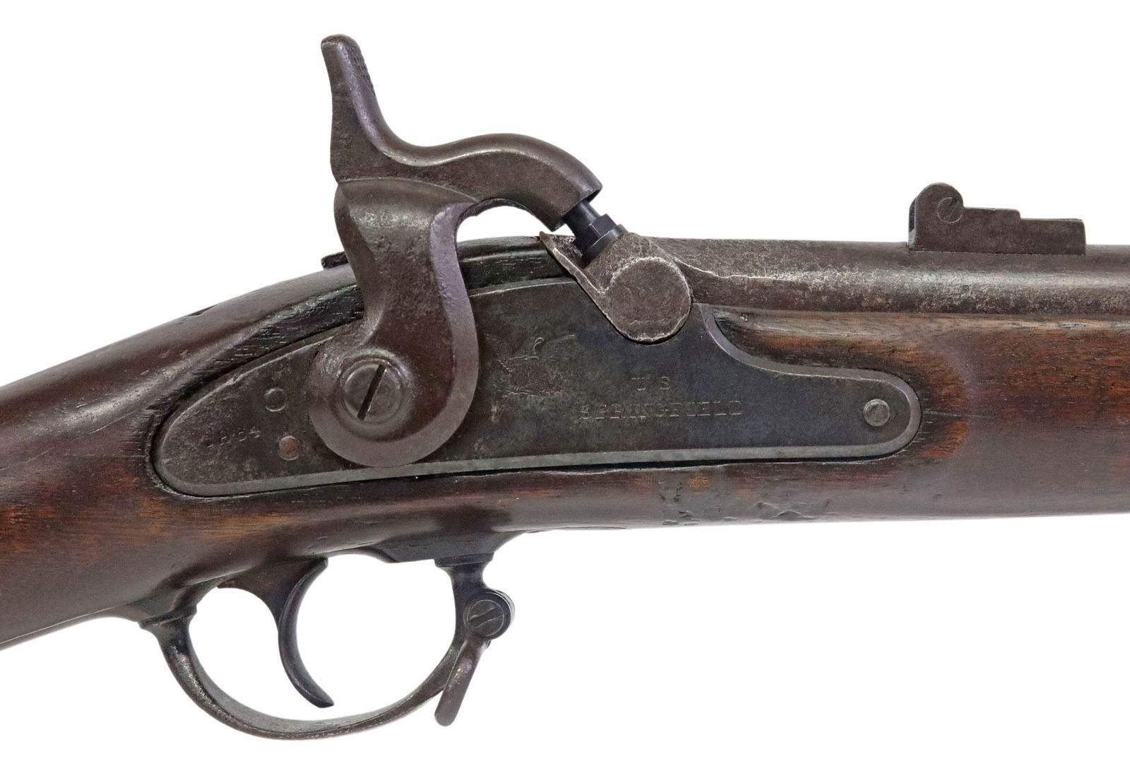 1863 TYPE II SPRINGFIELD RIFLE MUSKET: Springfield Percussion Rifle Musket, Model 1863, Type II, .58 caliber, 40" round barrel, short blade front sight, tulip head ramrod, three barrel bands, adjustable rear sight, eagle on nipple bol