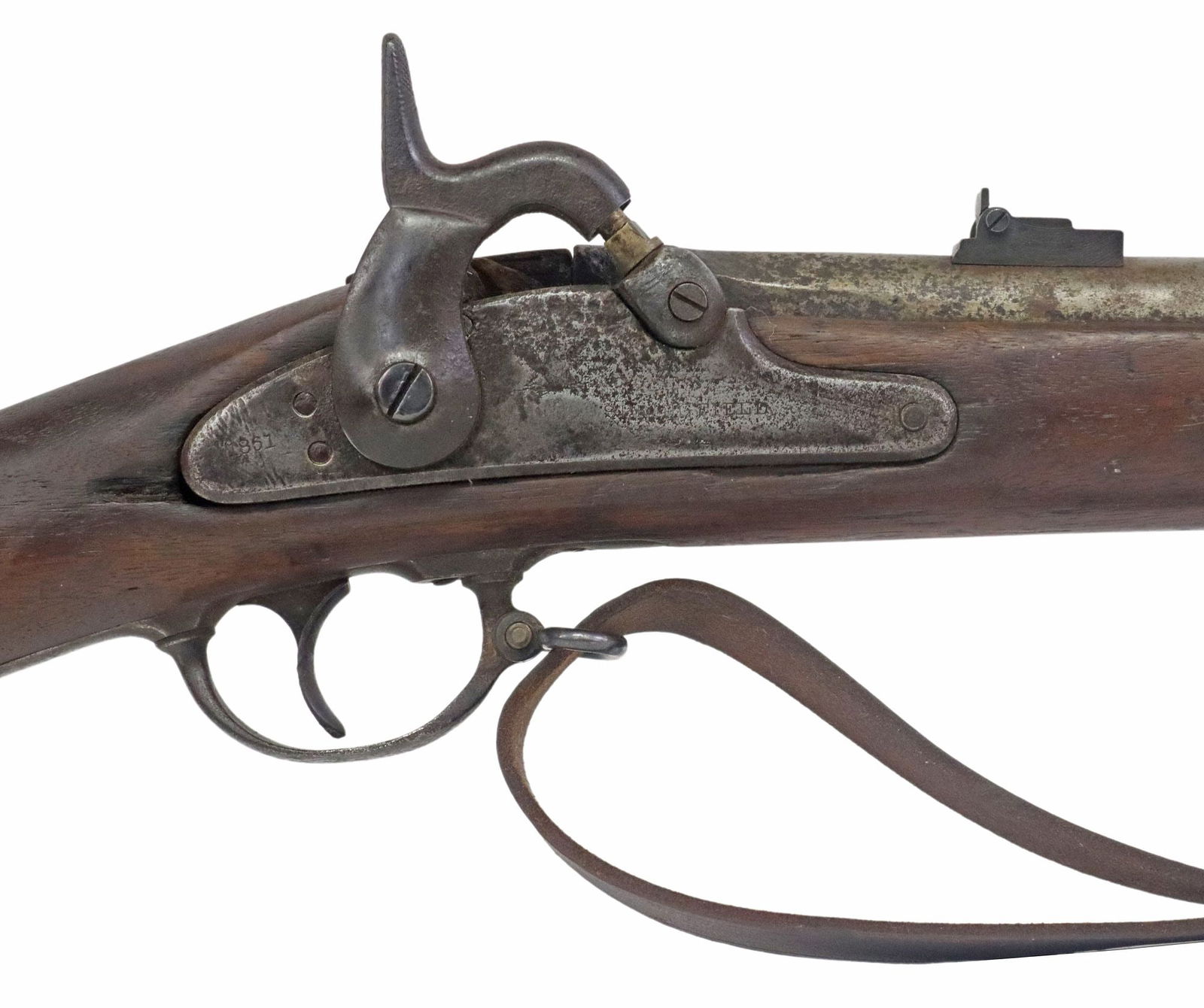 1861 SPRINGFIELD RIFLE MUSKET: 1861 Springfield Percussion Rifle Musket, .58 caliber, 40" round barrel, short blade front sight, lacks ramrod, three barrel bands, the lockplate marked U.S. Springfield with eagle (partially obs