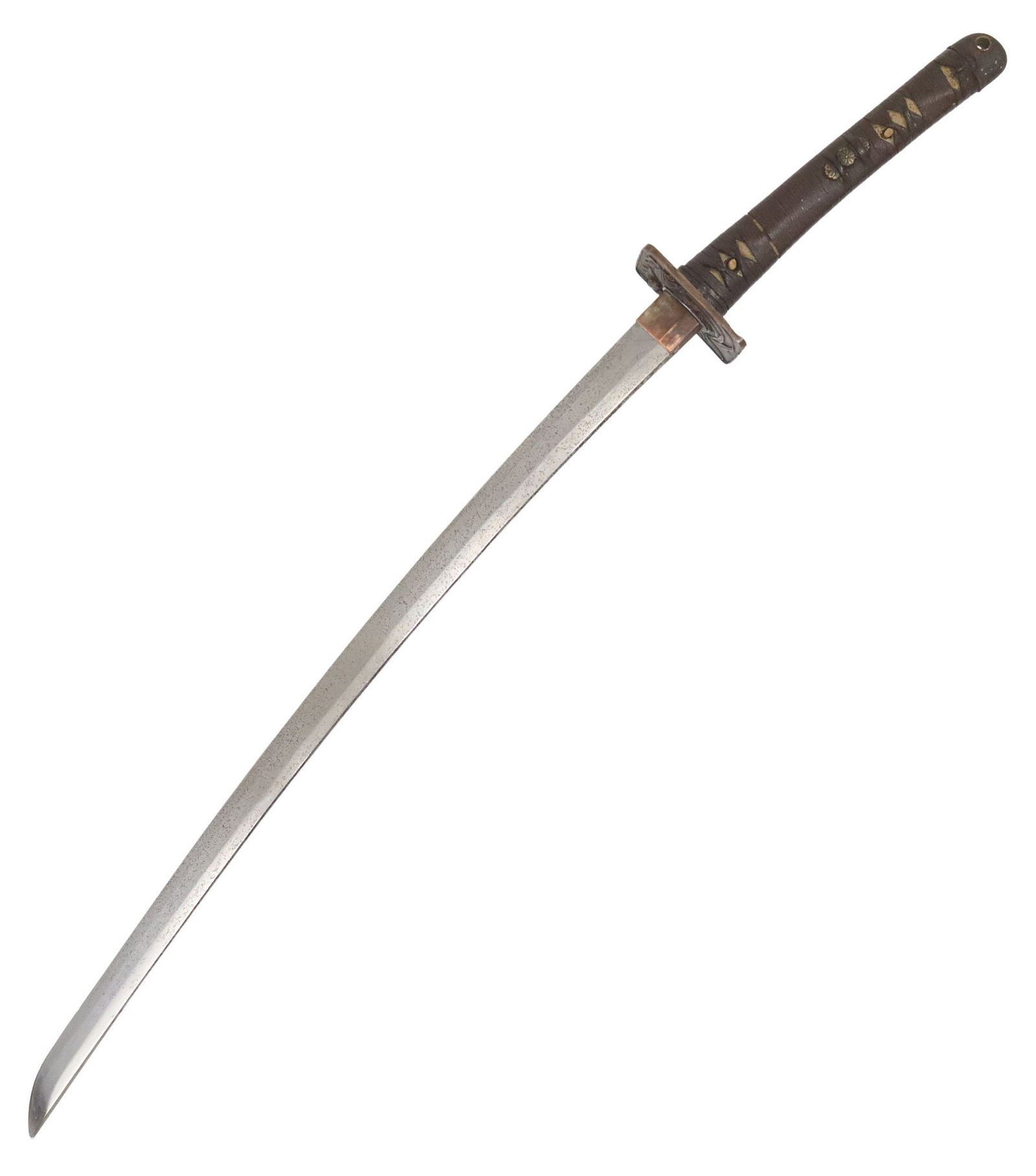 JAPANESE SWORD, BIRDS TSUBA: Japanese Sword, the 27" blade with a tsuba, appearing as copper, approx. 3" x 3.75" depicting at the handle or tsuka side appearing as a duck and rooster and foliage, at the blade side foliage, each s