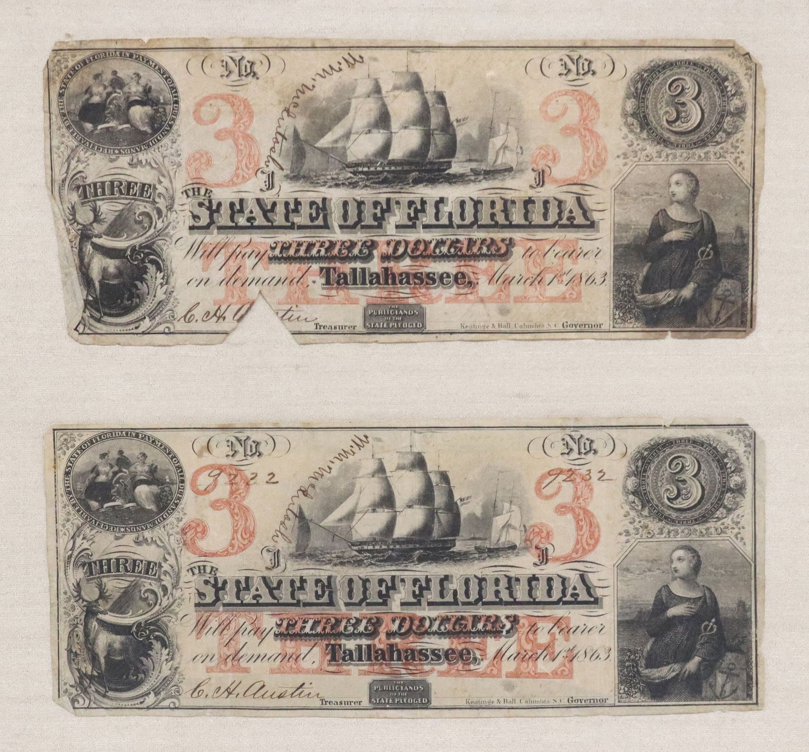 (2) FLORIDA CSA $3 CURRENCY, 1863 (1 of 4)