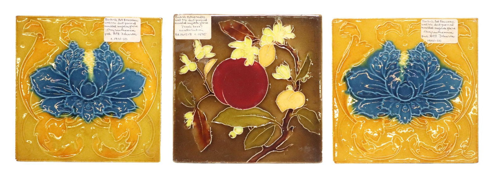 (3) BRITISH ART NOUVEAU & ARTS CRAFTS MAJOLICA TILES: (lot of 3) British Art Nouveau and Arts and Crafts press molded majolica tiles, including: (2) having a yellow ground, centering a blue green chrysanthemum flower, possibly by H & R Johnson, numbe