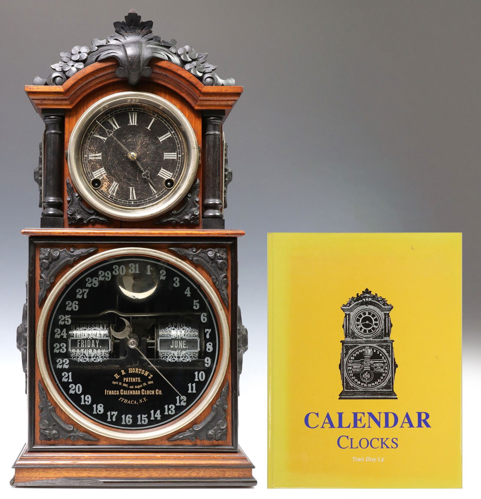 (2) AMERICAN ITHACA DOUBLE DIAL PARLOR CLOCK WITH PATENT CALENDAR MECHANISM (1 of 14)