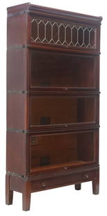 GLOBE-WERNICKE MAHOGANY FOUR-STACK BARRISTER BOOKCASE: American mahogany barrister's bookcase, The Globe-Wernicke Company, Cincinnati, Ohio, early 20th c., grade 598, four stacked sections, top section with leaded glass door, (one) size D-8