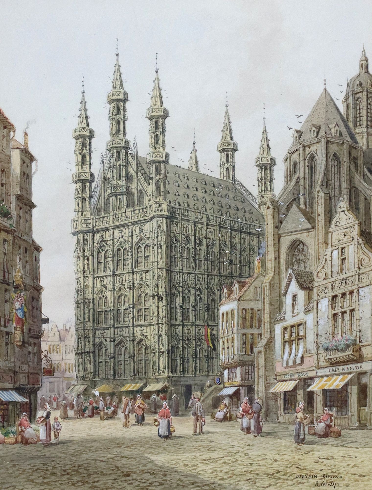 HENRY THOMAS SCHAFER (1854-1915) WATERCOLOR LOUVAIN BELGIUM: Framed watercolor painting, "Louvain - Belgium," signed lower right H. Schafer (Henry Thomas Schafer, English, 1854-1915), sight: approx 17 3/8"h, 13.25"w, overall: 23.25"h, 1