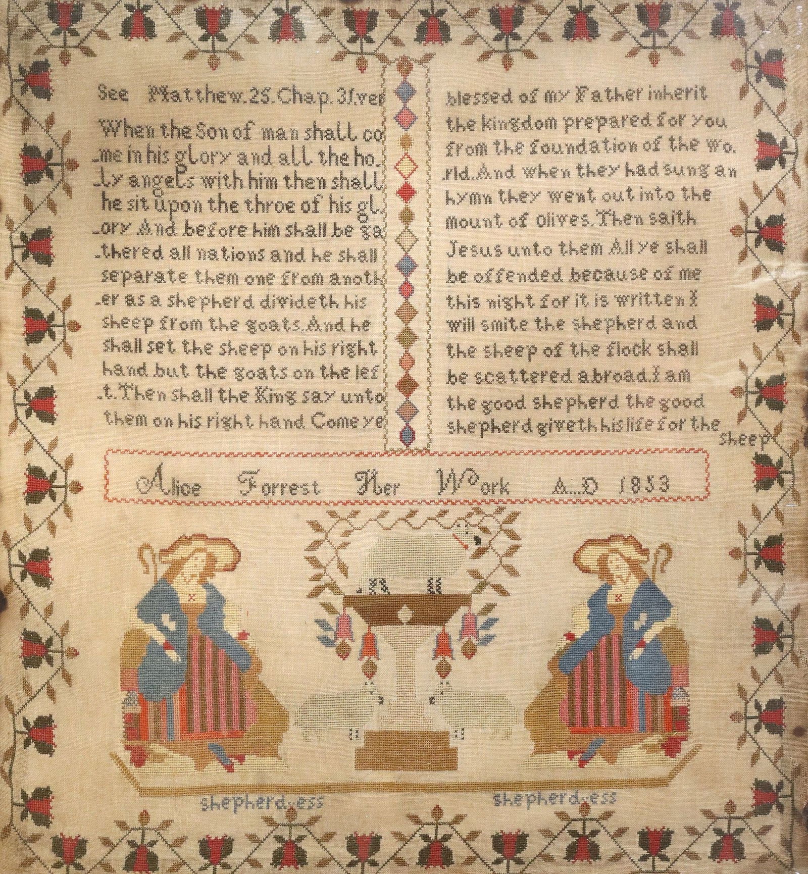 VICTORIAN NEEDLEWORK SAMPLER WITH BIBLE VERSE, ALICE FORREST, 1853 (1 of 3)