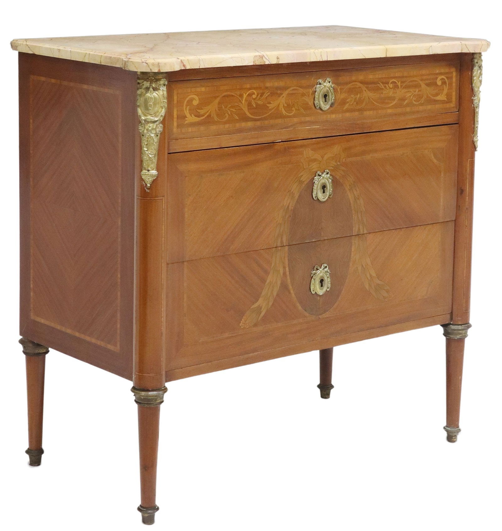 FRENCH LOUIS XVI STYLE MARBLE-TOP MARQUETRY COMMODE (1 of 5)