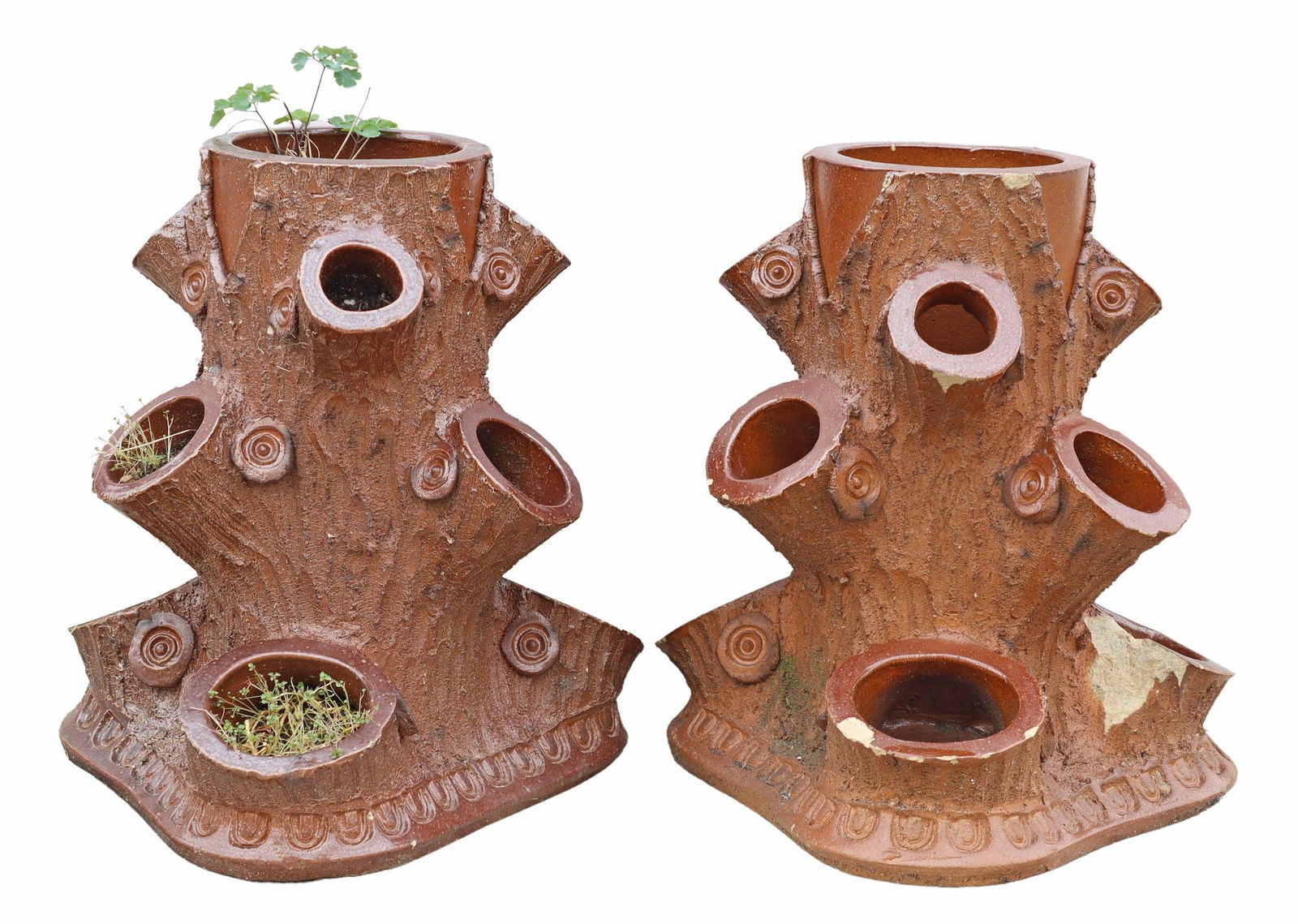 (2) TERRACOTTA FAUX BOIS TREE TRUNK PLANTERS (1 of 3)