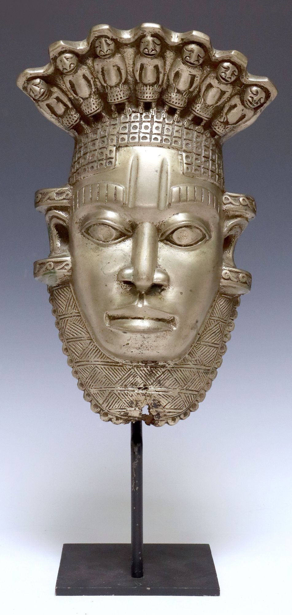 AFRICAN SILVERED BRONZE BENIN STYLE MASK ON DISPLAY STAND (1 of 3)