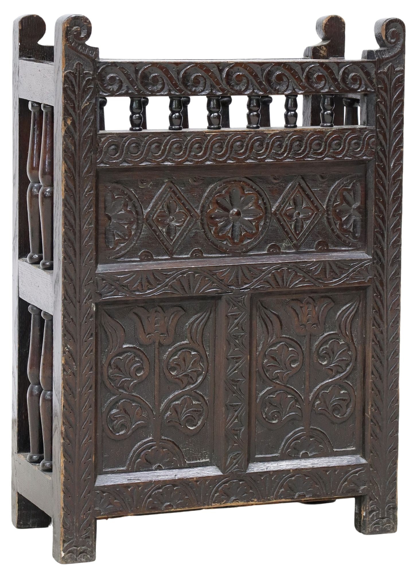 ENGLISH JACOBEAN STYLE CARVED OAK UMBRELLA OR STICK STAND (1 of 4)