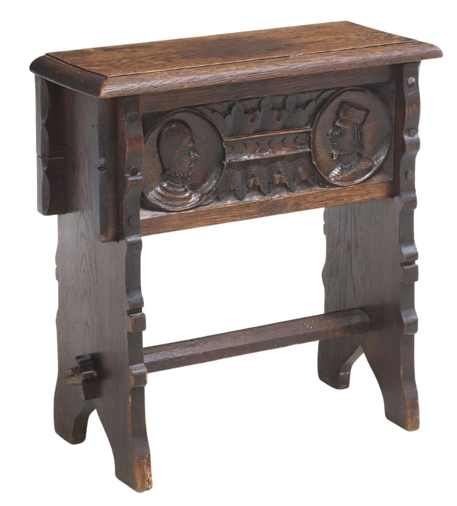 ENGLISH CARVED OAK PORTRAIT MEDALLION LIFT-TOP STOOL (1 of 5)