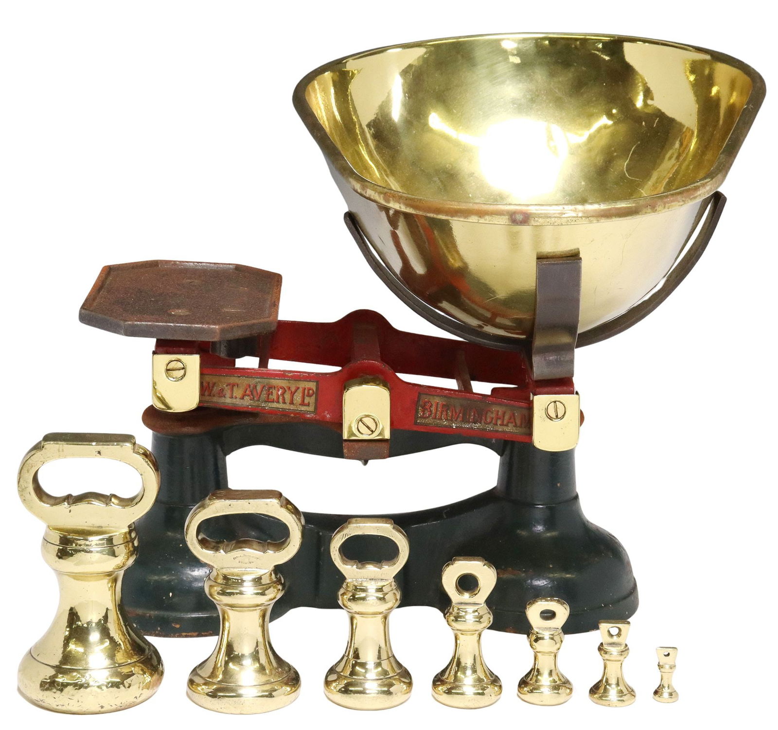 ENGLISH W&T AVERY LTD. CAST IRON KITCHEN SCALES WITH WEIGHTS (1 of 5)