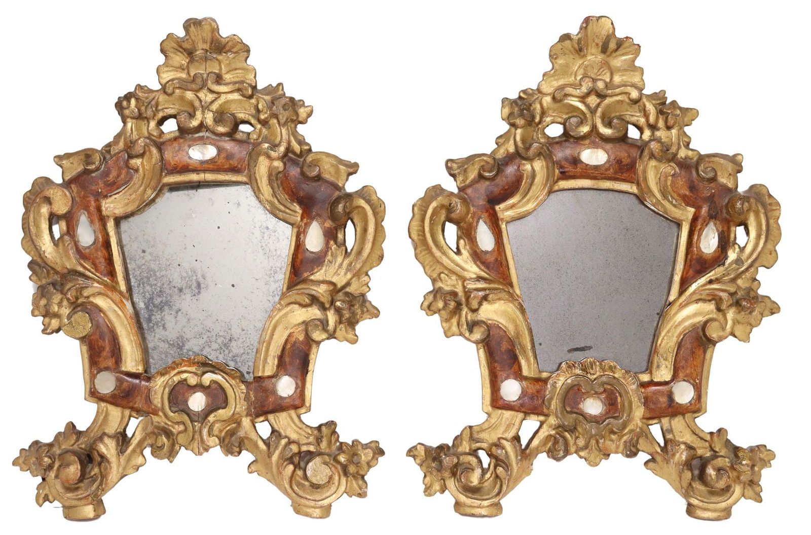(2) ITALIAN 'CANTAGLORIA' SHELL-INLAID GILTWOOD MIRRORS: (lot of 2) Italian giltwood "Cantagloria" mirrors, 19th c., each having fanned crest, over scrolled foliate frame, with mother-of-pearl inlay, encasing later flat mirror plate, silver l